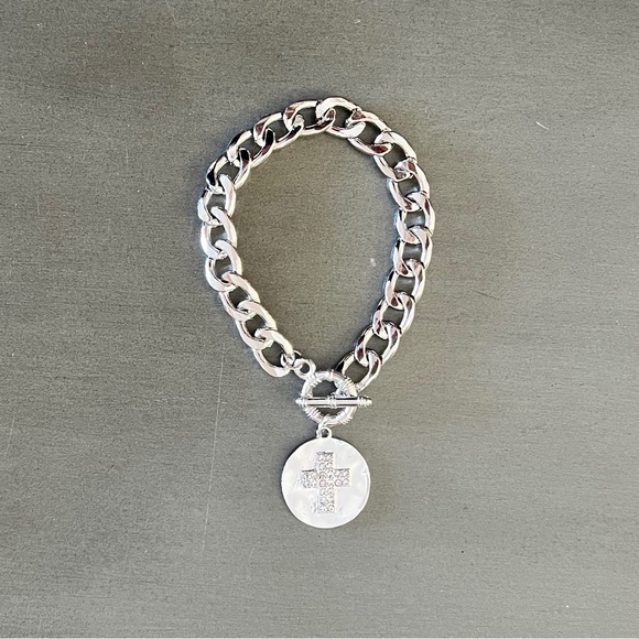 Cross Gold Rhinestone Charm Chain Paperclip Link Toggle Bracelet Christian Faith - Picture 5 of 5